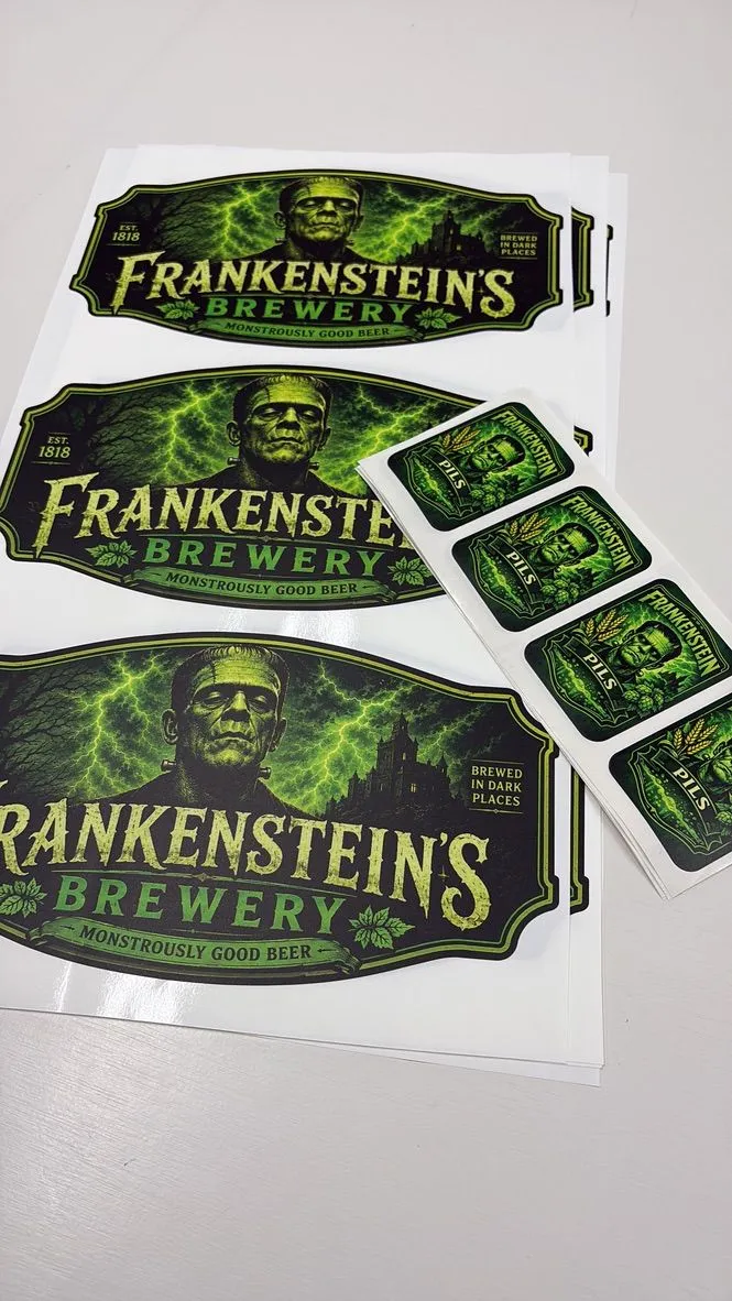 Vel met productstickers van Frankensteins Brewery in groen en zwart